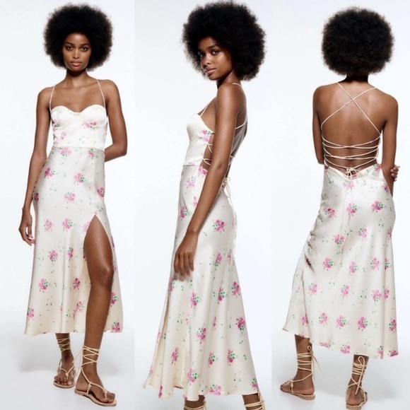 Zara Satin Floral Bustier Front Slit Strappy Midi Dress - Picture 12 of 12
